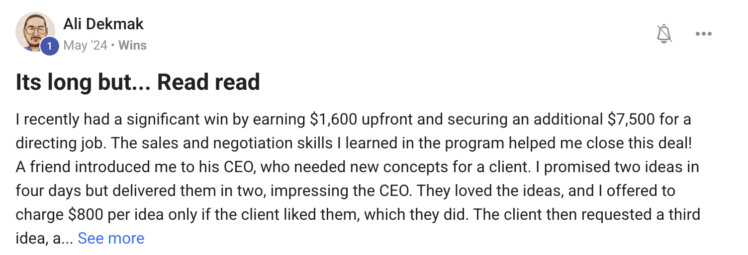 لقطة شاشة لنتيجة أحد الطلاب داخل مجتمع Wealthy Creatives