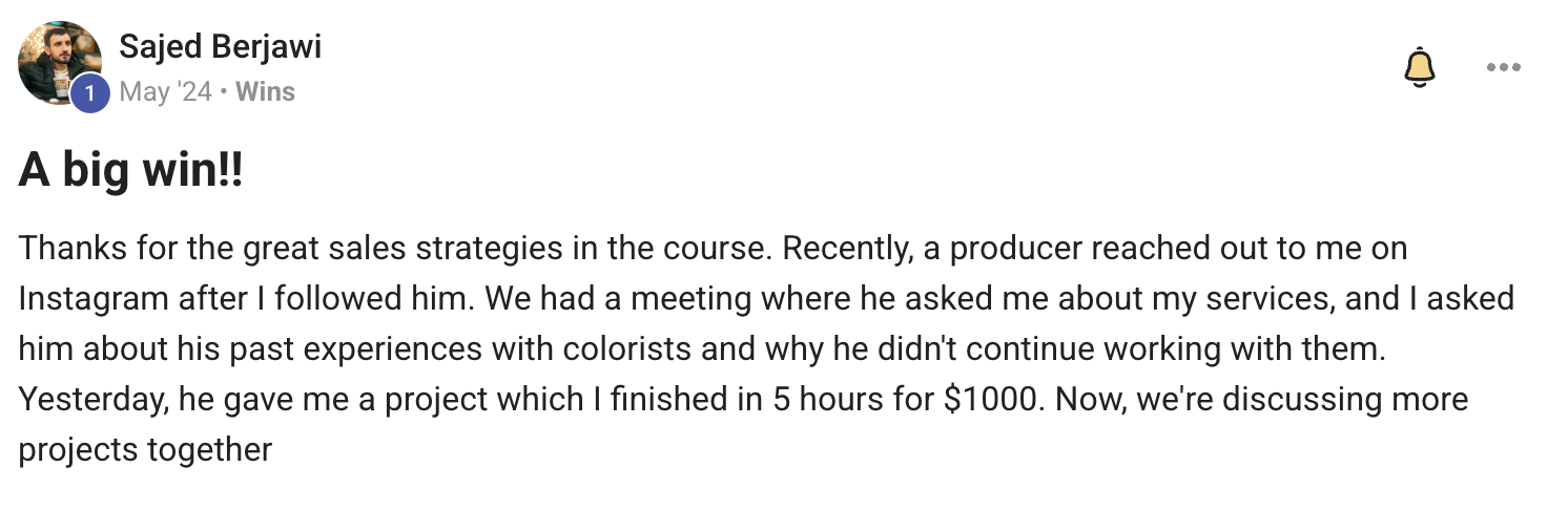 لقطة شاشة لنتيجة أحد الطلاب داخل مجتمع Wealthy Creatives